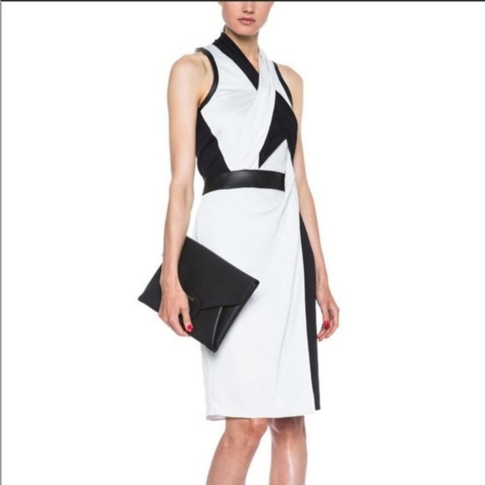HELMUT LANG TWISTED DRAPE GRAINED VISCOSE LEATHER  TRIM DRESS Black White